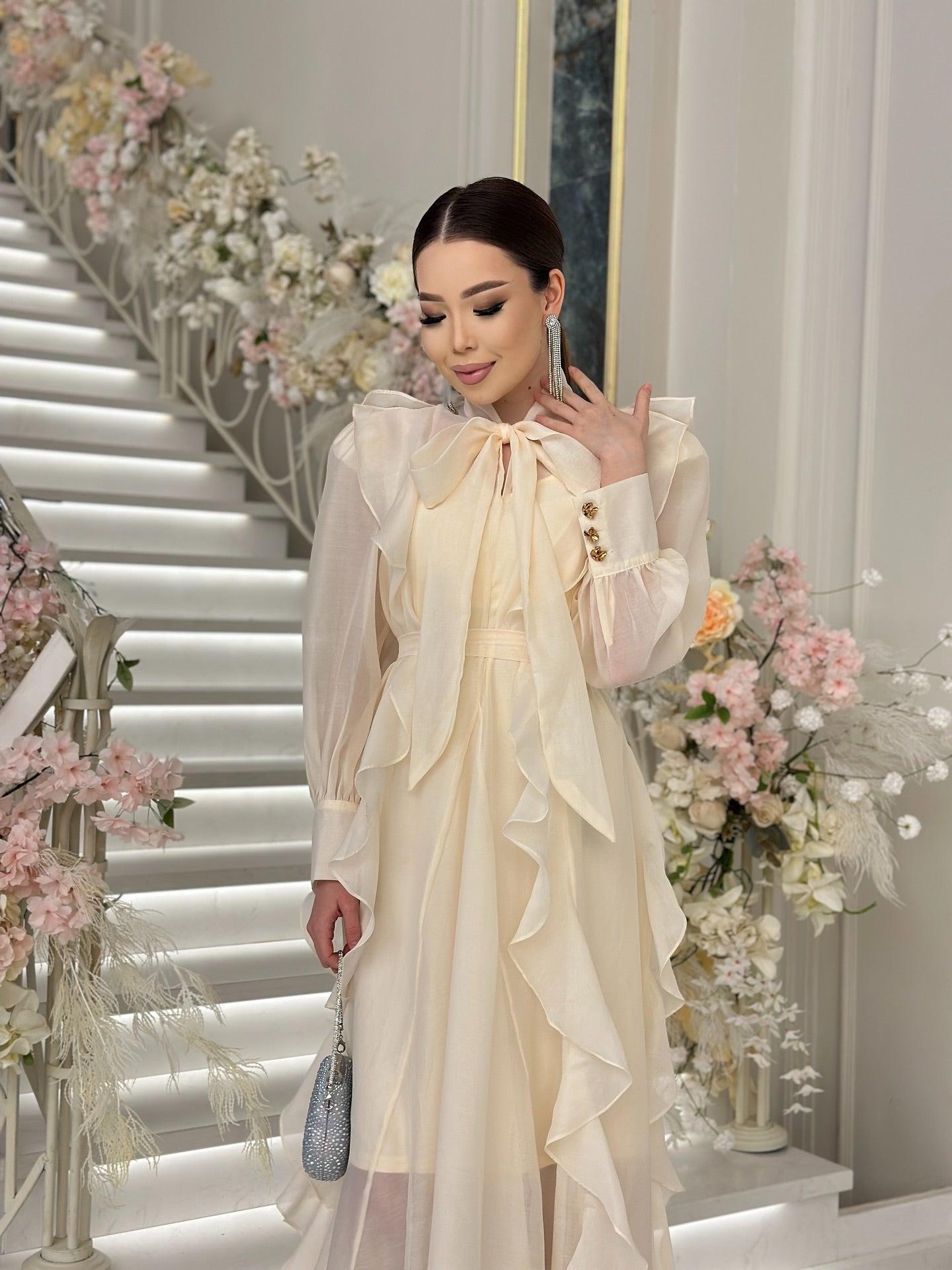 Aurohaya Chiffon Ruffle Maxi Dress — Bow-Tie Modest Evening Gown