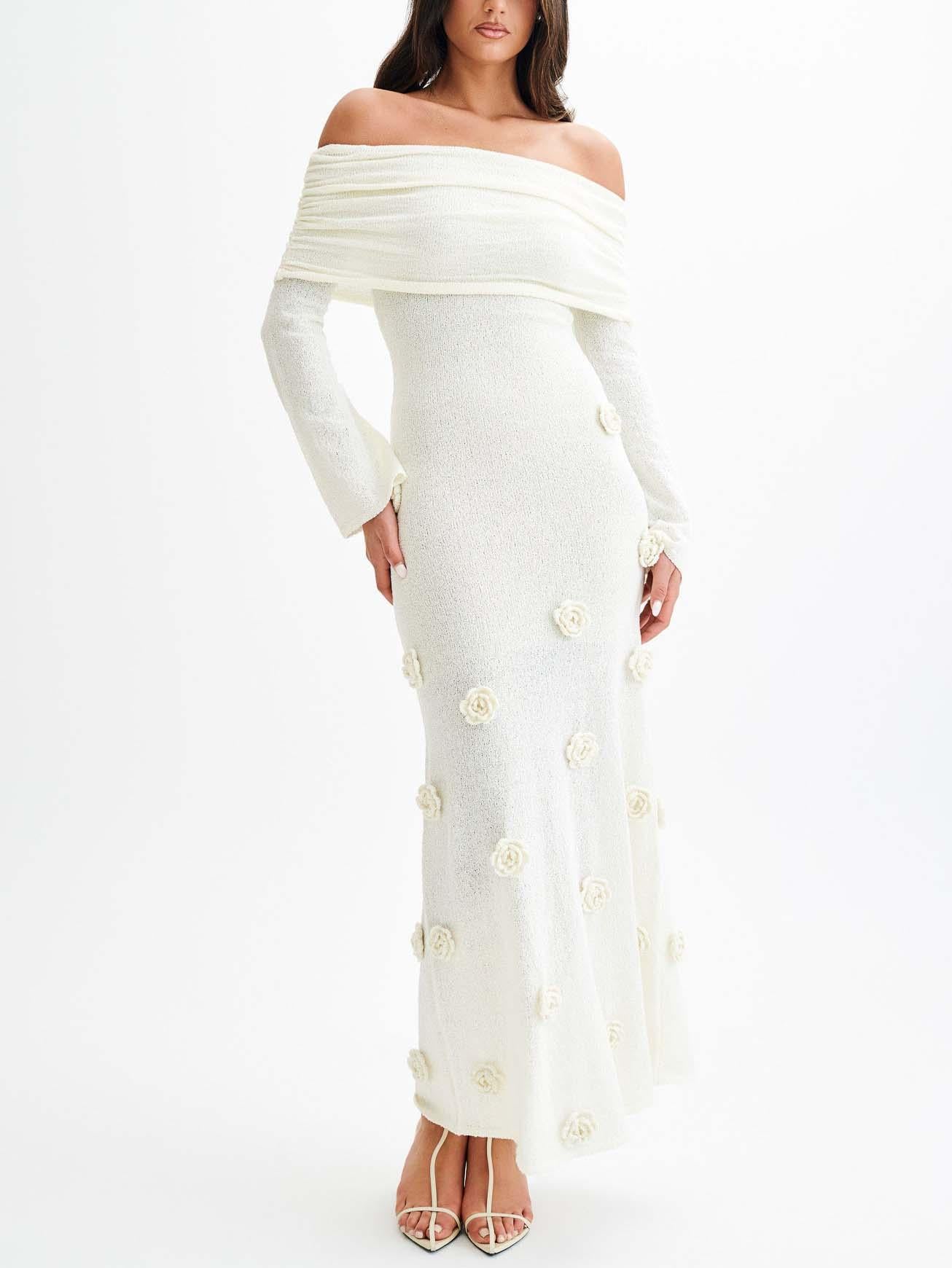 Aurohaya Elegant Off-shoulder Knitted Rose Maxi Dress White