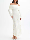 Aurohaya Elegant Off-shoulder Knitted Rose Maxi Dress White