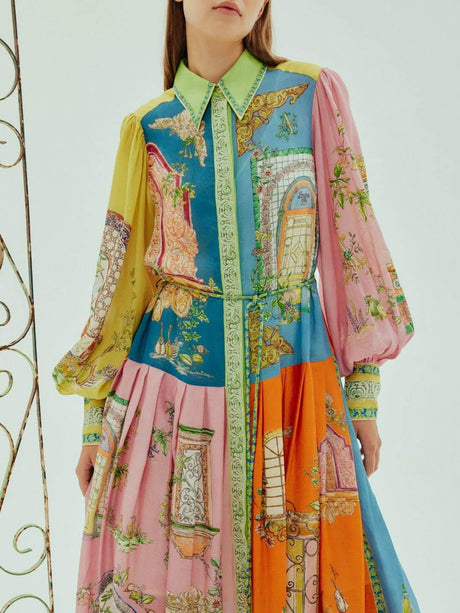 Aurohaya Exquisite Garden Print Button-Down Midi Dress