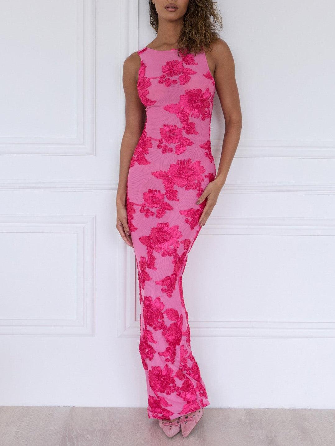 Aurohaya Elegant And Exquisite Floral Hip-hugging Maxi Dress Pink