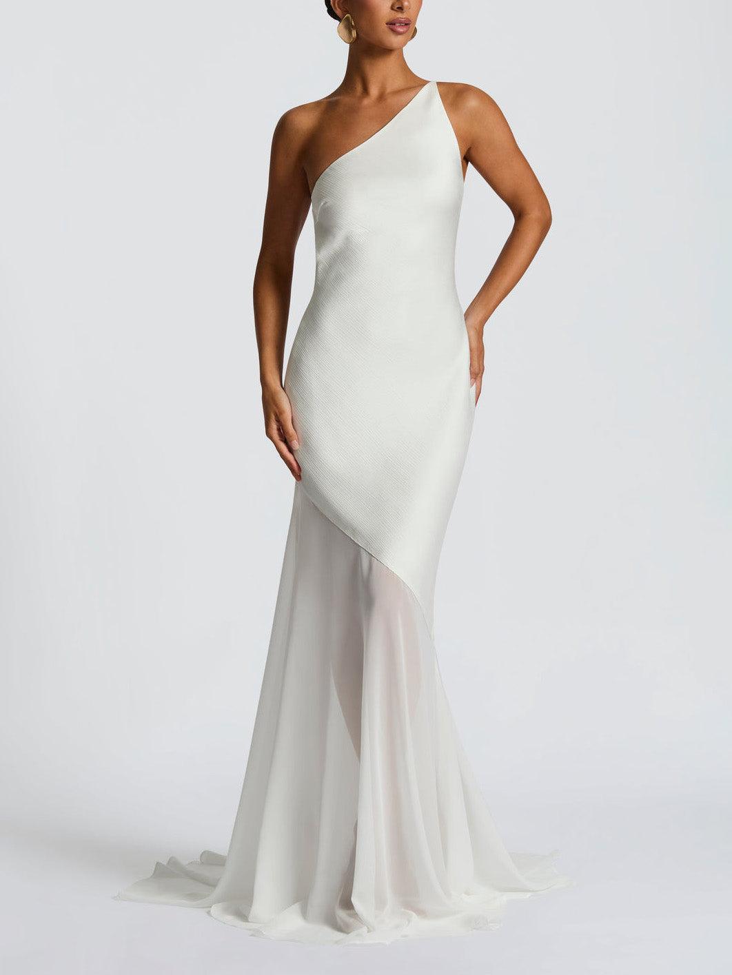 Aurohaya Elegant One Shoulder Sheer Hem Maxi Dress