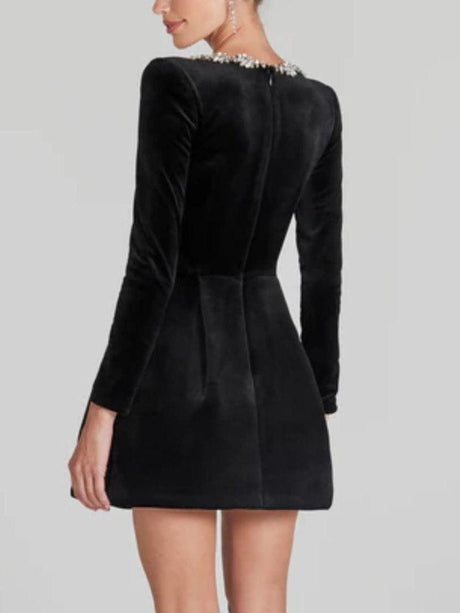 Aurohaya Elegant Square Neck Crystal Embellished Mini Dress