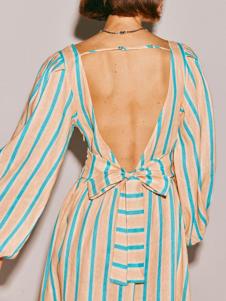 Aurohaya Striped Floral Print Sexy Backless Midi Dress