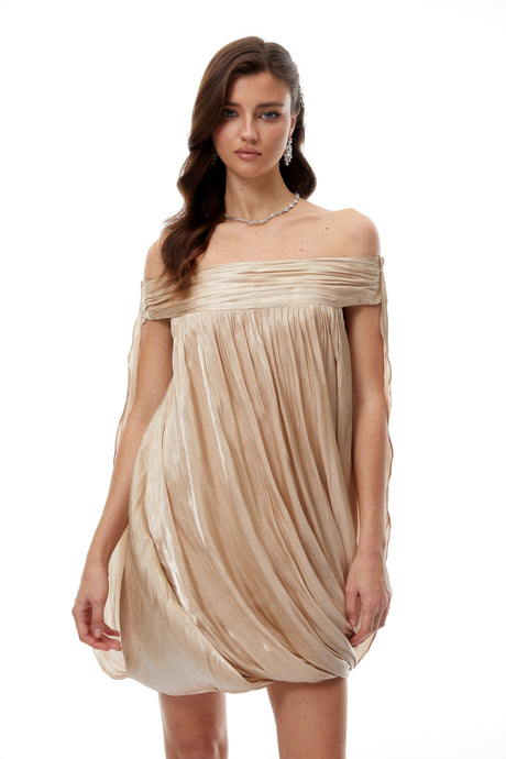 Aurohaya Anastasia Neutral Draped Glossy Mini Dress