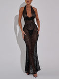 Aurohaya Elegant Sexy Sequin Halter Neck Maxi Dress Black