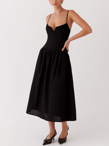Aurohaya Elegant Vintage V-Neck Suspender Midi Dress Black