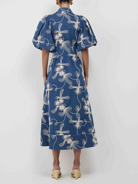 Aurohaya Elegant Denim Jacquard Waist Midi Dress