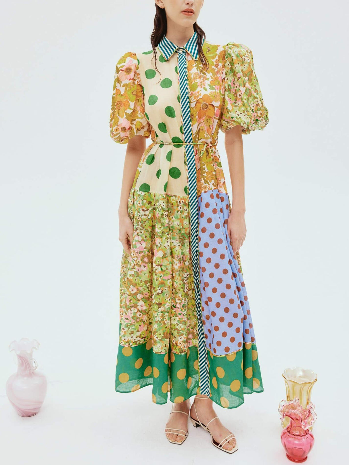 Aurohaya Exquisite Retro Floral Print Puff Sleeve Midi Dress