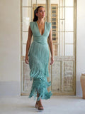 Aurohaya Elegant V-neck Pleated Fringe Maxi Dress Green