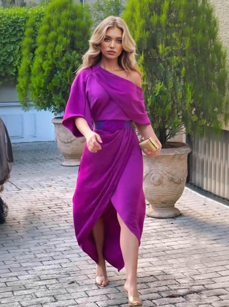 Aurohaya Exquisite Satin Irregular Lapel Neckline Design Ruched Maxi Dress Purple