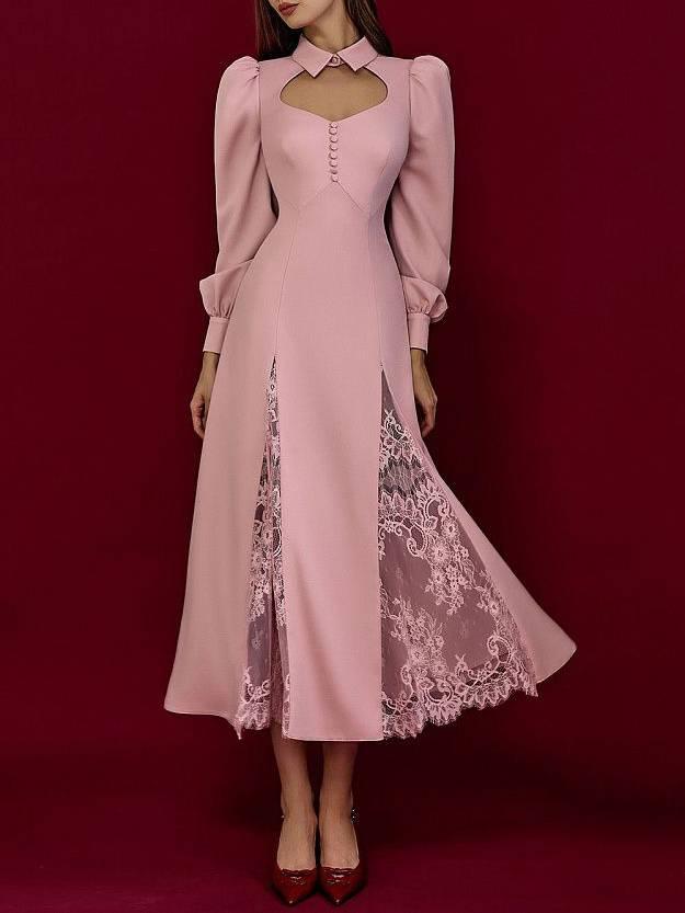Aurohaya Puff-Sleeve Lace-Splicing Maxi Dress Pink
