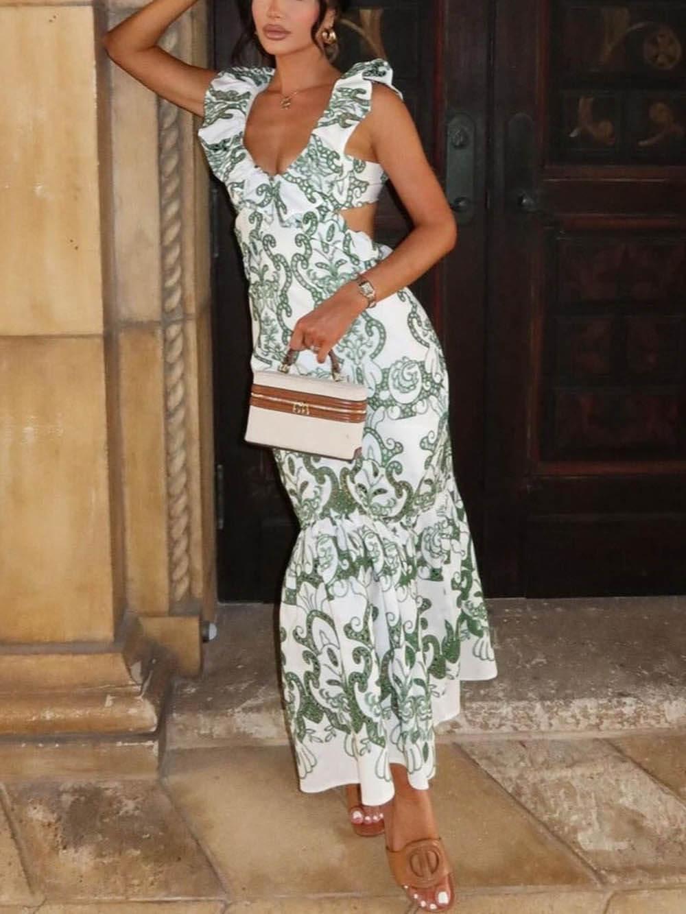 Aurohaya Elegant Unique Ethnic Print Ruffled Lace Dress