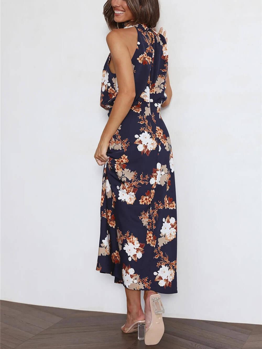 Aurohaya Floral Halter Neck Elastic Waist Maxi Dress