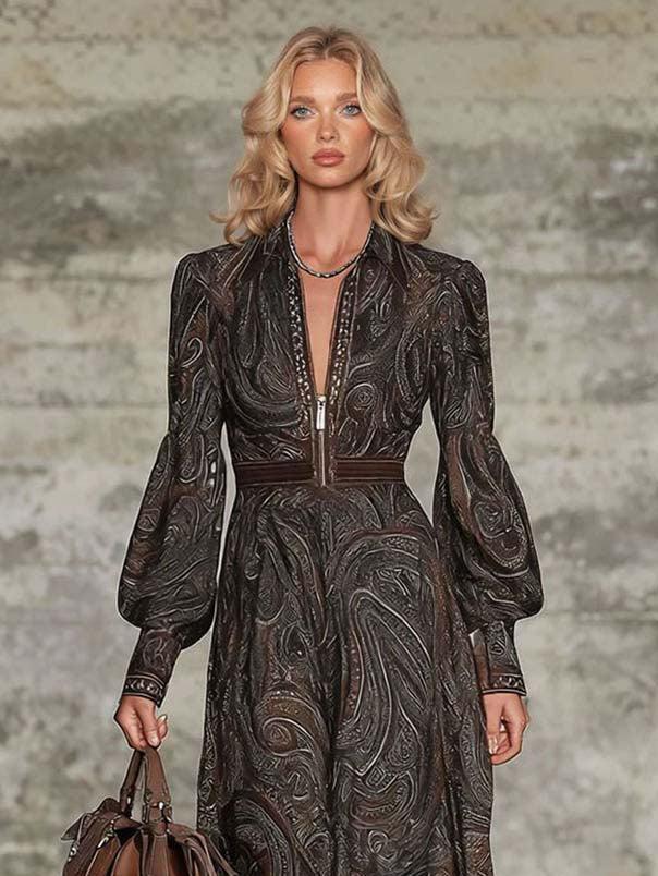Aurohaya Retro Paisley Print Zipper Maxi Dress