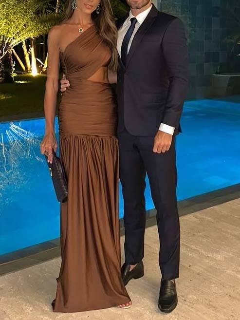 Aurohaya Unique Off-shoulder Waist Hollow Maxi Dress