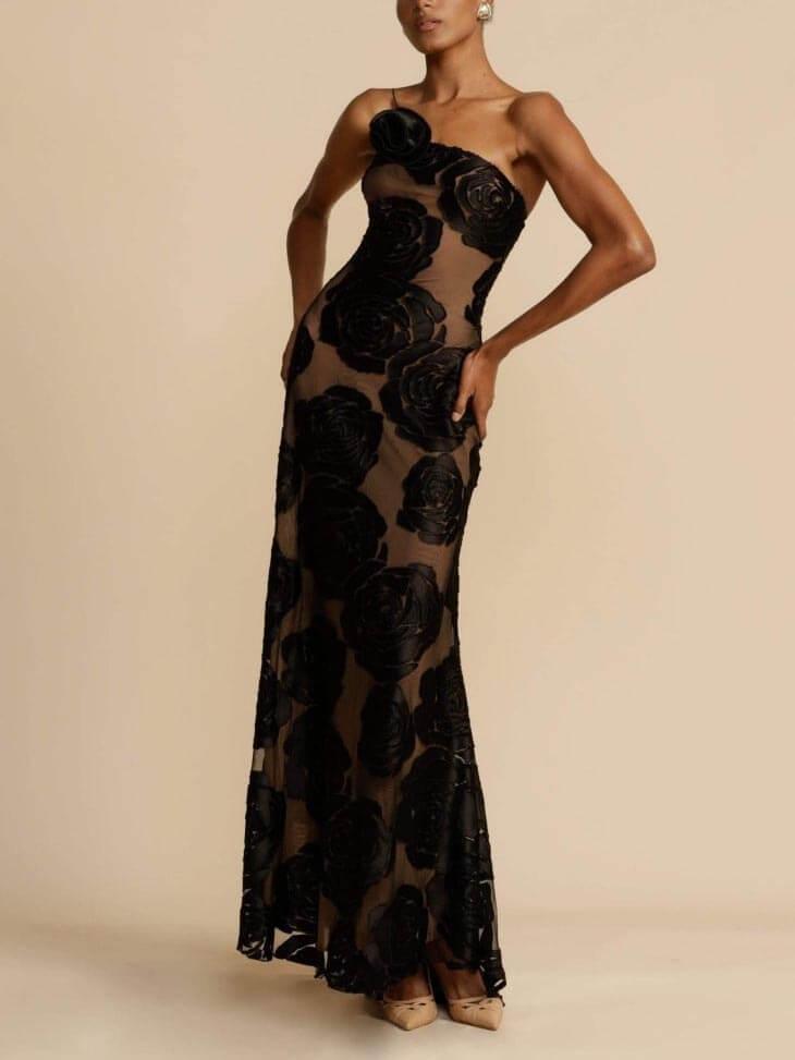 Aurohaya Rose Flower Three-Dimensional Burnt Flower Maxi Dress