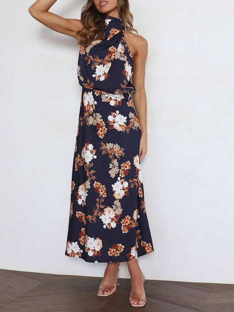 Aurohaya Floral Halter Neck Elastic Waist Maxi Dress