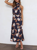 Aurohaya Floral Halter Neck Elastic Waist Maxi Dress