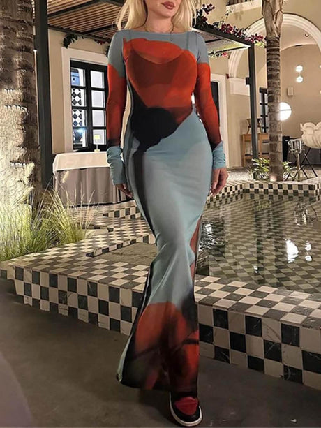 Aurohaya Mesh Floral Print Round Neck Long Sleeve Stretch Maxi Dress