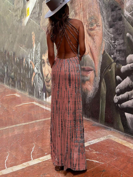 Aurohaya Tie-dye Print Back Lace-up Stretch Maxi Dress