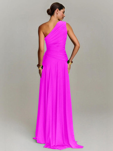 Aurohaya Elegant Draped One Shoulder Cocktail Maxi Dress