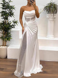 Aurohaya Delicate Satin Paneled Mesh Sequin Fabric Off Shoulder Ruched Drape Maxi Dress White