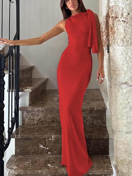 Aurohaya Fashion One Shoulder Ribbon Party Maxi Dress Red