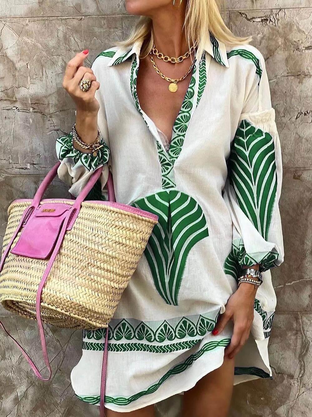 Aurohaya Simple Unique Print Holiday Mini Dress Green