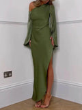 Aurohaya Asymmetrical One Shoulder Bell Sleeve Slit Maxi Dress
