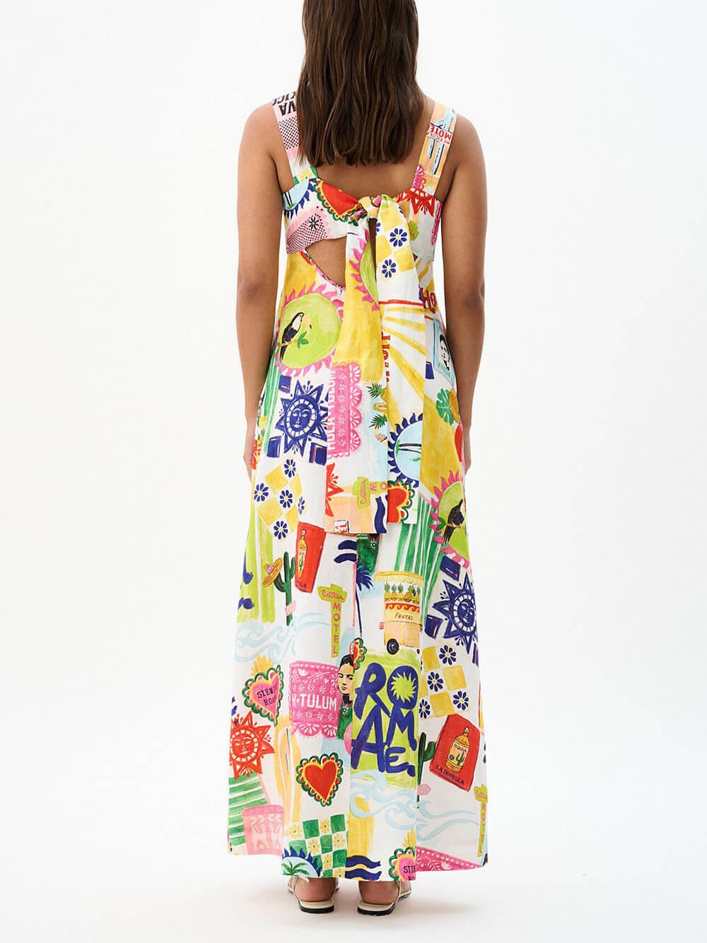 Aurohaya Unique Tie Back Closure Graphic Print Loose Holiday Maxi Dress