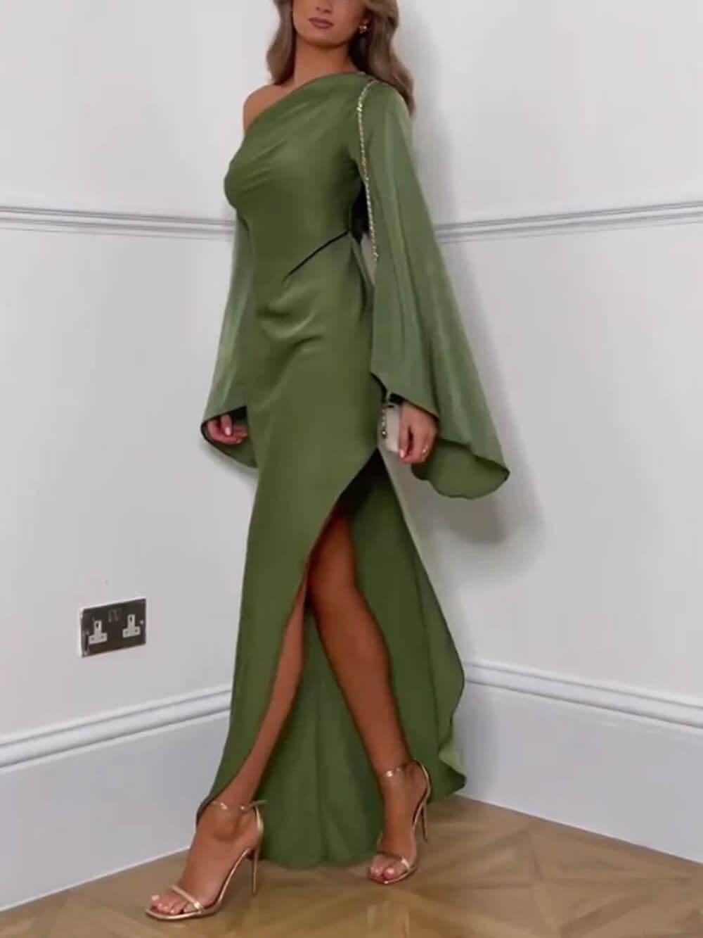 Aurohaya Asymmetrical One Shoulder Bell Sleeve Slit Maxi Dress