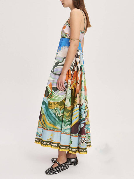 Aurohaya Casual Unique Pattern Print Suspenders Loose Maxi Dress