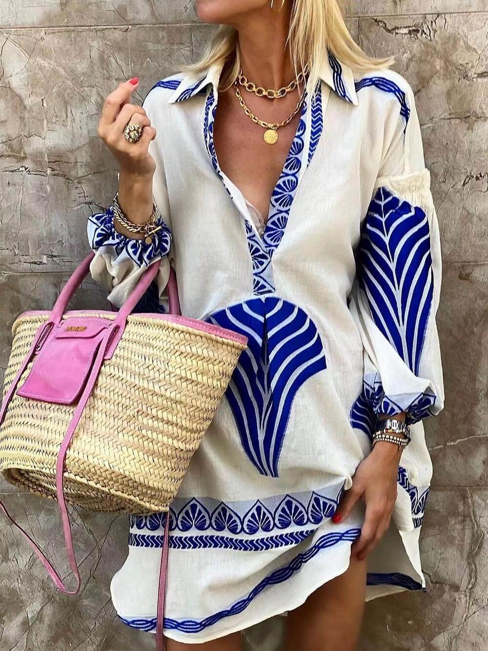 Aurohaya Simple Unique Print Holiday Mini Dress Blue