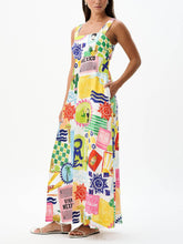 Aurohaya Unique Tie Back Closure Graphic Print Loose Holiday Maxi Dress Multicolor