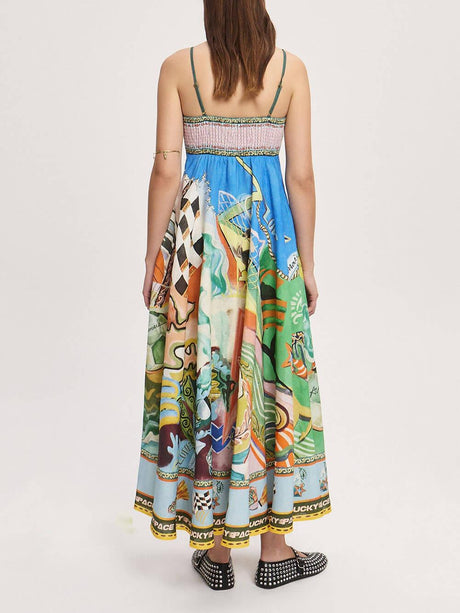 Aurohaya Casual Unique Pattern Print Suspenders Loose Maxi Dress