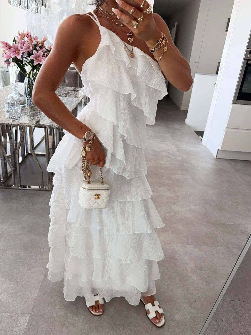 Aurohaya One-Shoulder Flowing Ruffle Dress
