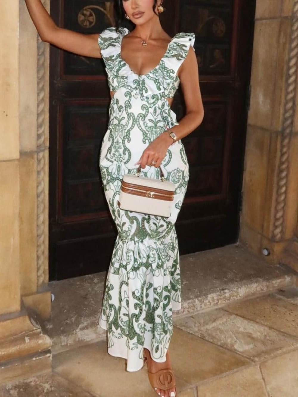 Aurohaya Elegant Unique Ethnic Print Ruffled Lace Dress Green