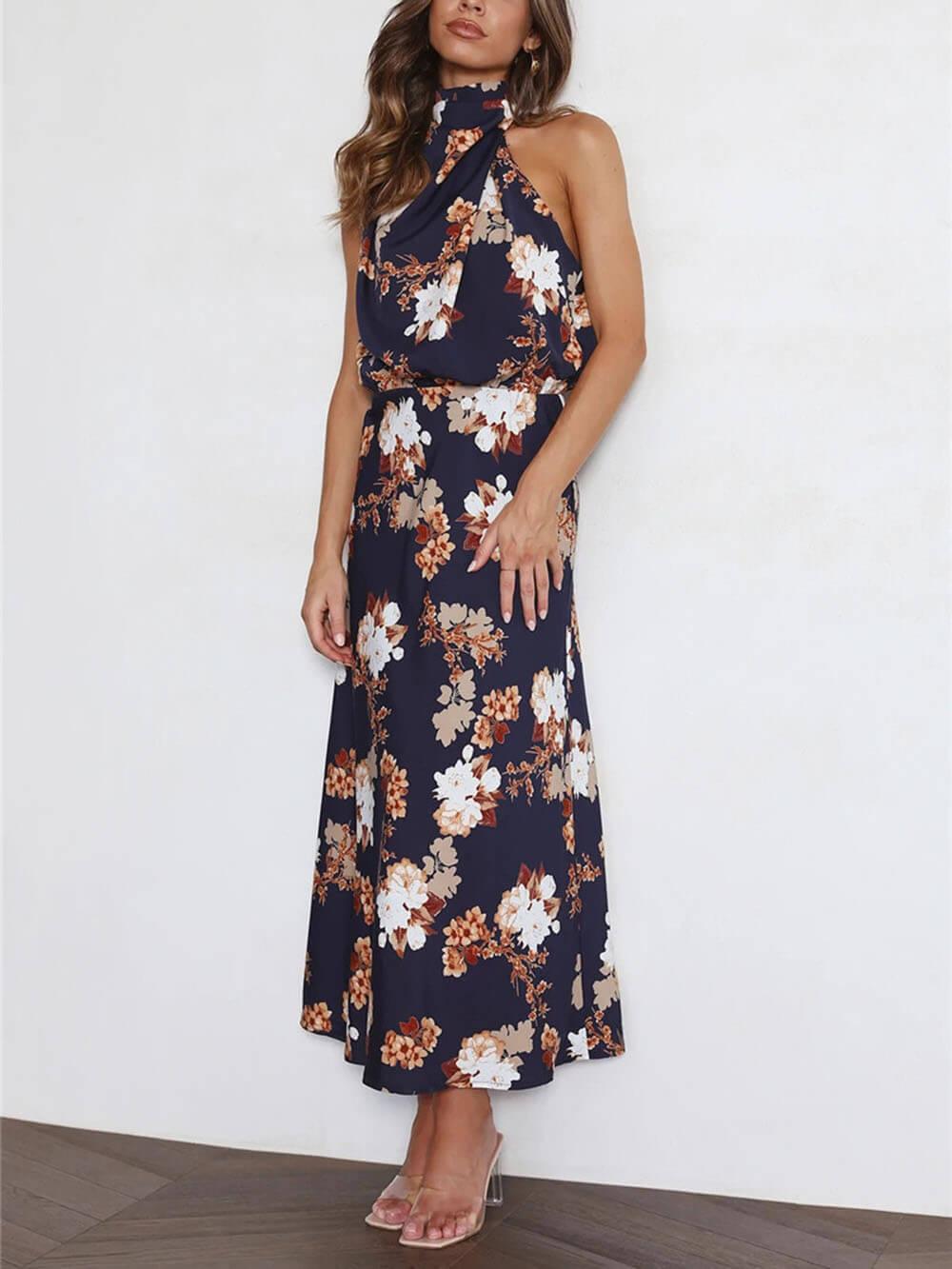 Aurohaya Floral Halter Neck Elastic Waist Maxi Dress