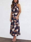 Aurohaya Floral Halter Neck Elastic Waist Maxi Dress