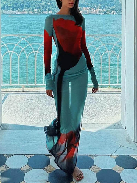 Aurohaya Mesh Floral Print Round Neck Long Sleeve Stretch Maxi Dress