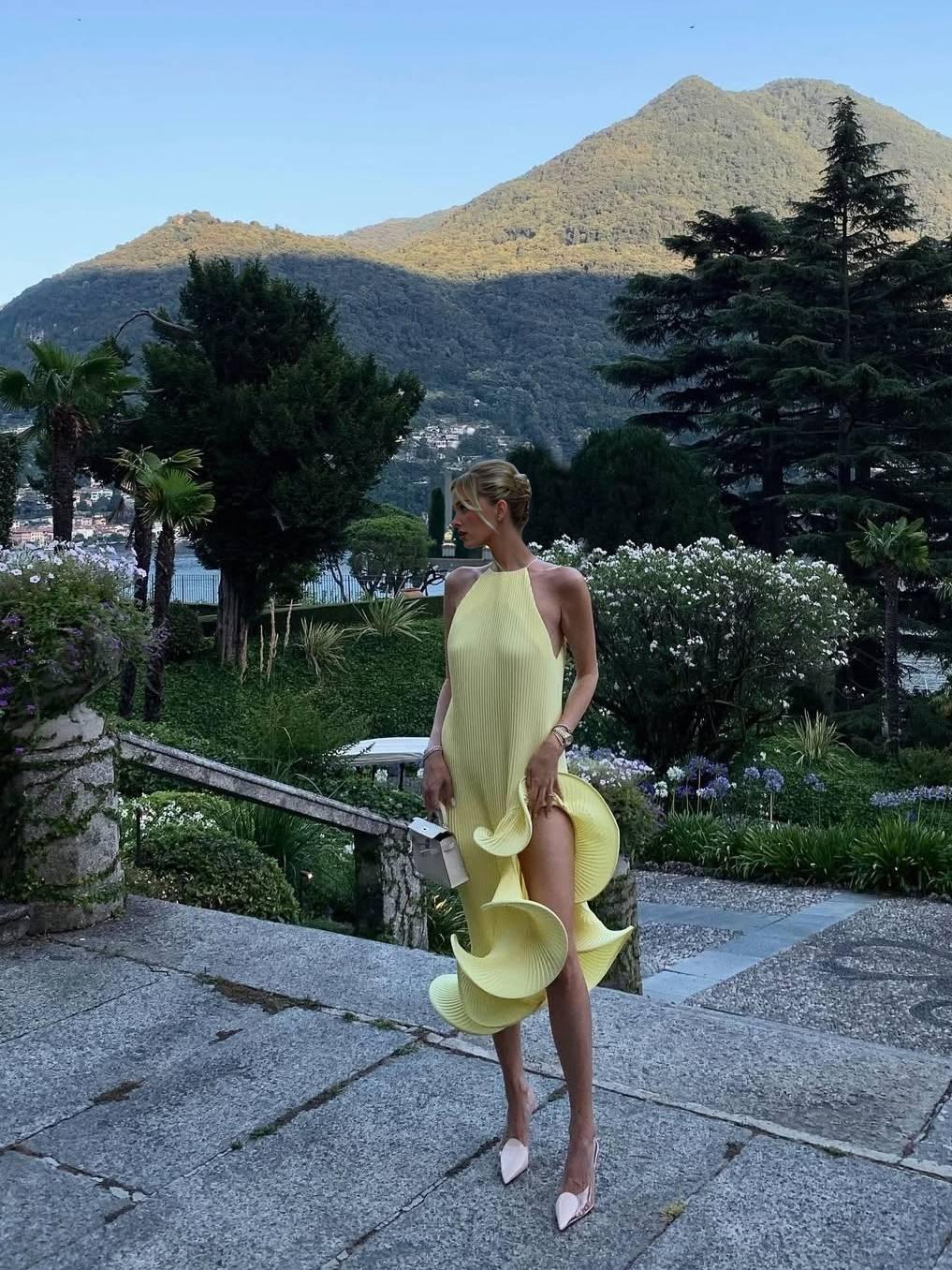 Aurohaya Asymmetric Rolled Hem Midi Dress Yellow