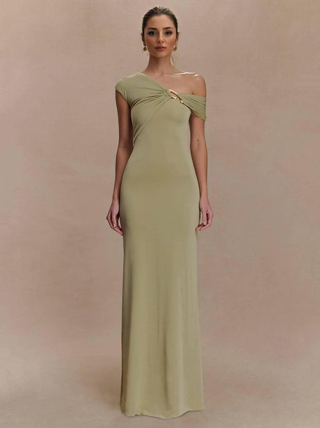 Aurohaya Off-shoulder Asymmetric Design Slim-fit Maxi Dress Light Green