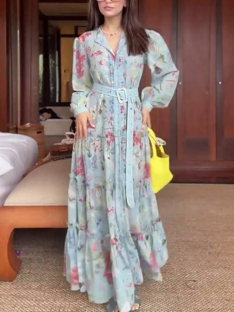 Aurohaya Unique Printed Belt Dress Printed