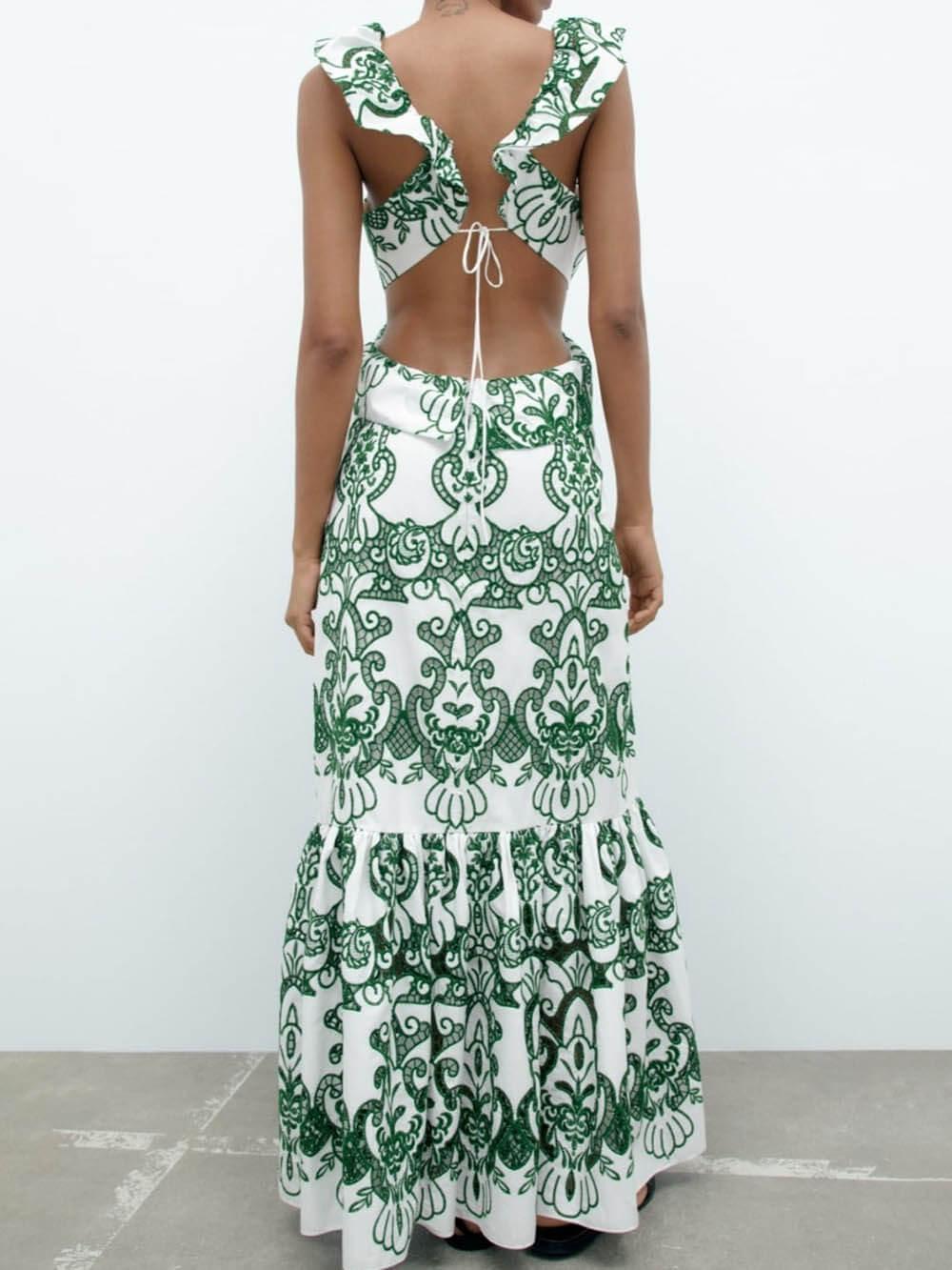 Aurohaya Elegant Unique Ethnic Print Ruffled Lace Dress