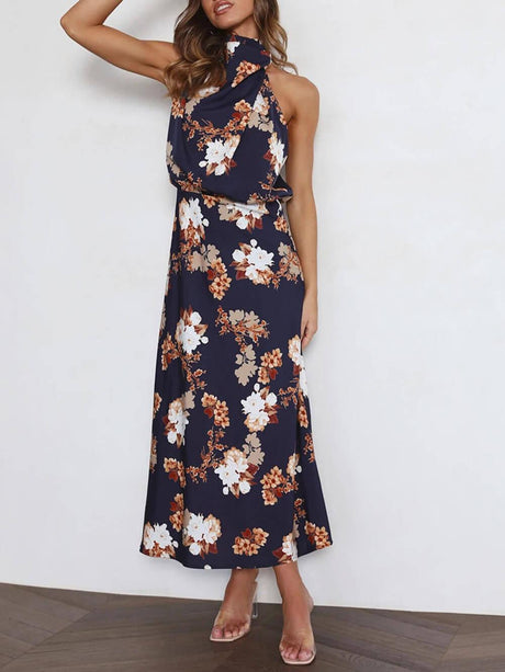 Aurohaya Floral Halter Neck Elastic Waist Maxi Dress
