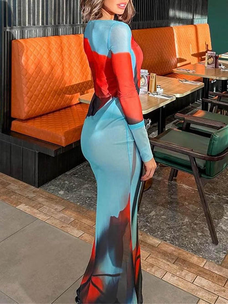 Aurohaya Mesh Floral Print Round Neck Long Sleeve Stretch Maxi Dress