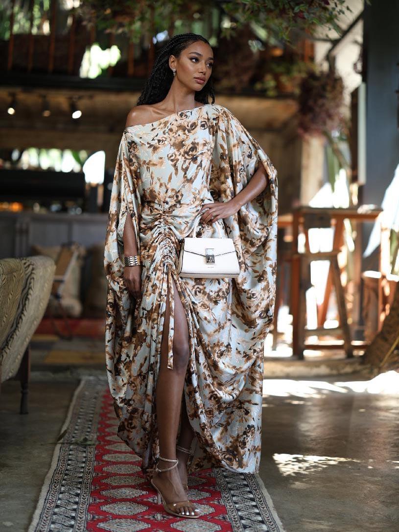 Aurohaya Elegant One-Shoulder Floral Draped Ruched Maxi Dress Green