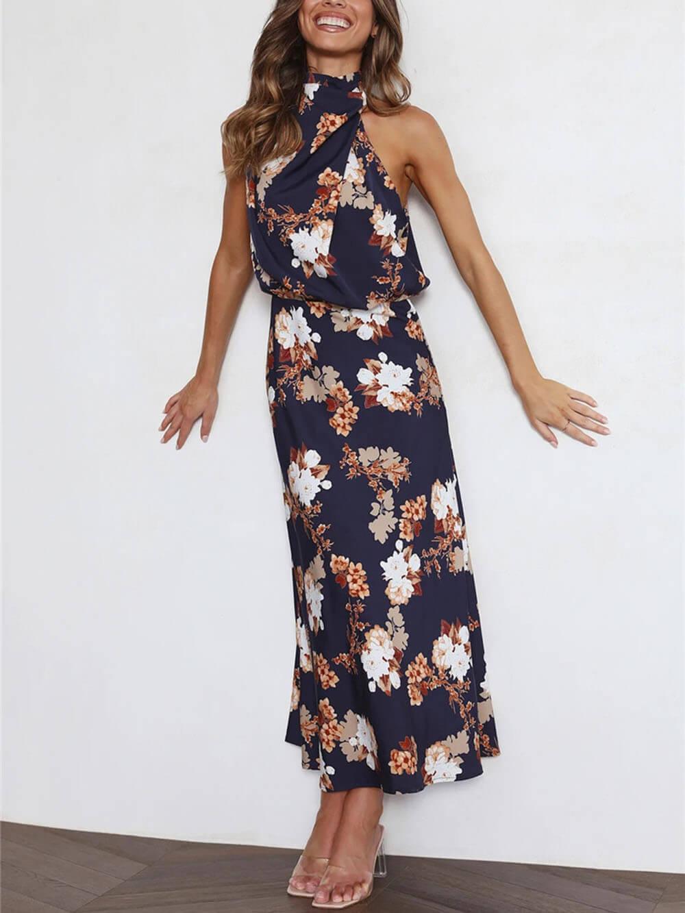 Aurohaya Floral Halter Neck Elastic Waist Maxi Dress Navy Blue