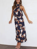 Aurohaya Floral Halter Neck Elastic Waist Maxi Dress Navy Blue